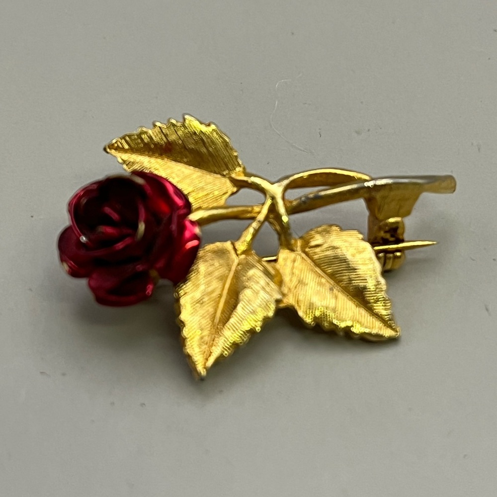 Gold and Red Leaf Brooch with Botanical Detail